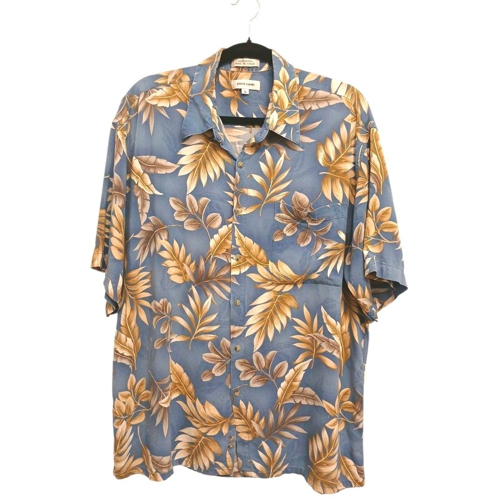 Vintage Perre Cardin Designer Tropical Shirt Sz XL Blue Gray Leaf Hawaii Travel
